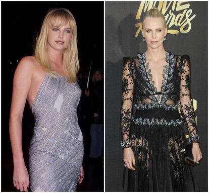 La actriz sudafricana Charlize Theron posa en la premiere de su película 'Operación Reno', en febrero de 2001. A la derecha, la oscarizada intérprete en los  MTV Movie Awards de 2016.