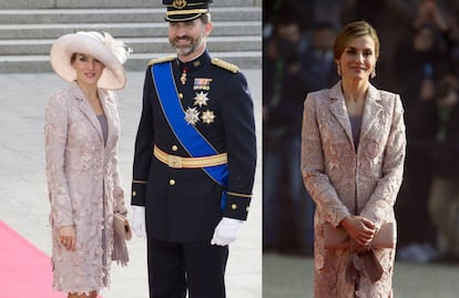Los Reyes en la boda de Guillermo de Luxemburgo, en 2012, y, a la derecha, la Reina este lunes en Portugal. 