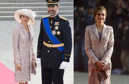 Los Reyes en la boda de Guillermo de Luxemburgo, en 2012, y, a la derecha, la Reina este lunes en Portugal.