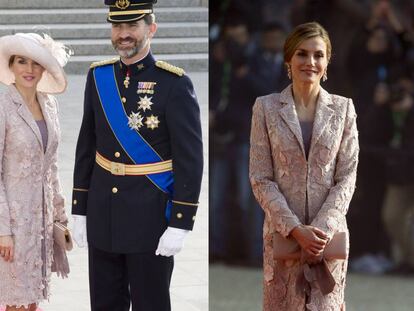 Los Reyes en la boda de Guillermo de Luxemburgo, en 2012, y, a la derecha, la Reina este lunes en Portugal. 