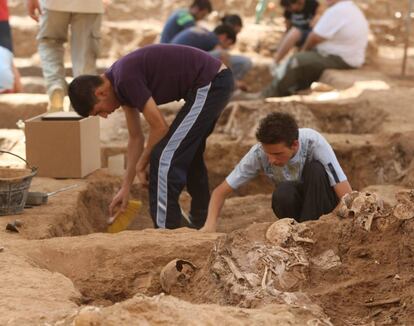 Excavaciones en una fosa somún del cementerio de Málaga