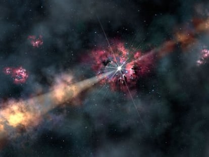 Ilustración de los chorros del estallido de rayos gamma, de hacer 12.700 millones de años, que iluminan la galaxia que lo aloja.