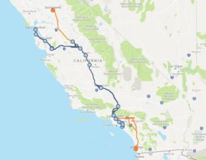 Proyecto de Alta Velocidad en California. Fase 1 en azul y fase 2 en naranja.