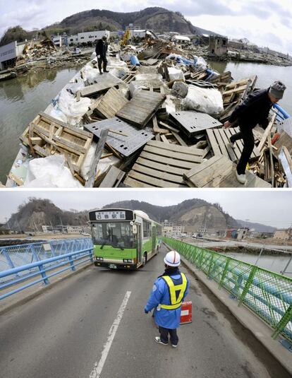 Aspecto de un puente en Ishinomaki, Miyagi, en el momento de la catástrofe y en la actualidad. Muchas vías de comunicación fueron impracticables con lo que se dificultaba el tránsito de vehículos y personas.