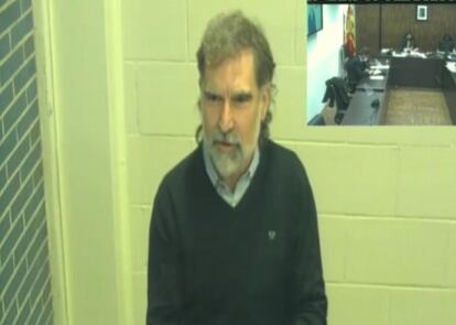 El presidente de Òmnium, Jordi Cuixart, cuando declaró en el juicio por videoconferencia.