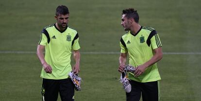 Koke y Villa al finalizar el entrenamiento