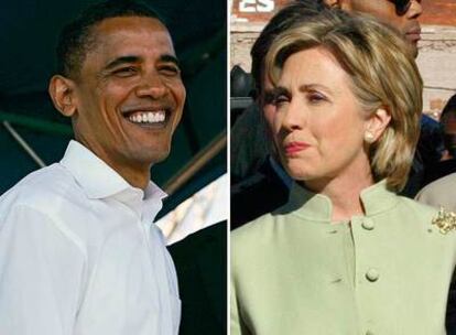 Barack Obama, tras la marcha de este domingo en Selma, Alabama. A la derecha, su rival por ser el representante demócrata en las elecciones de 2008, la senadora Hillary Clinton.