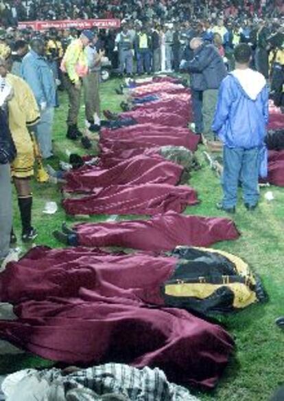 Decenas de cadáveres se alinean en el césped del estadio Ellis Park.