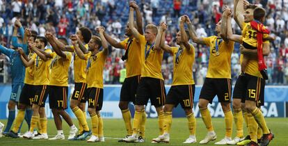 Los jugadores belgas celebran su victoria en la final de consolación del Mundial de Rusia.