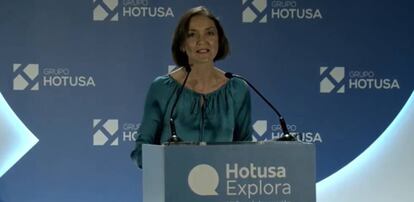 La ministra de Industria, Comercio y Turismo, Reyes Maroto, durante la clausura del Foro Hotusa Explora celebrado hoy en Madrid.