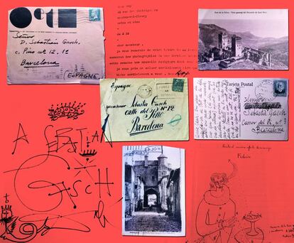 Montaje con parte de la correspondencia del archivo de Sebastià Gasch, con misivas de Dalí, un dibujo de Lorca y postales del poeta Foix y de Hans Arp.