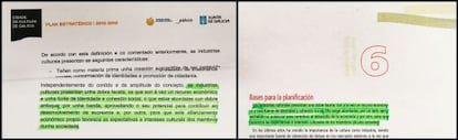 En la imagen, a la izquierda, un párrafo del Plan Gaiás presentado el lunes en gallego y a la derecha el mismo texto en castellano incluido en 2007 en el Plan Estratégico para la Cultura de la Junta de Andalucía