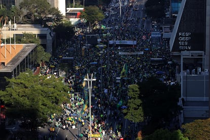 Manifestação de apoiadores do presidente Jair Bolsonaro em São Paulo, neste domingo, 1 de agosto.