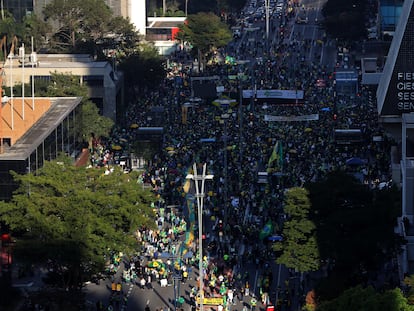 Manifestação de apoiadores do presidente Jair Bolsonaro em São Paulo, neste domingo, 1 de agosto.