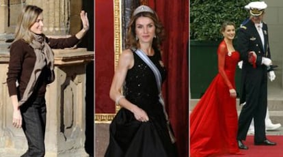 De izquierda a derecha, la princesa en Oviedo esta semana; con el traje rojo de Lorenzo Caprile y vestida de gala.