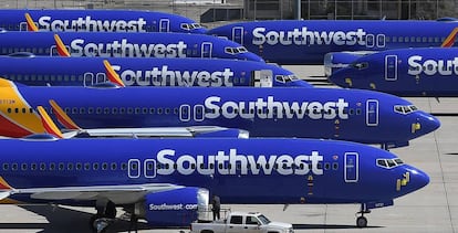 Aviones de Southwest Airlines del modelo 737 Max aparcados en el aeropuerto de Victorville, en California.