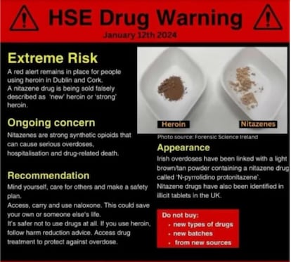 Cartel de alerta del Gobierno de Irlanda para distinguir entre los nitacenos y la heroína.