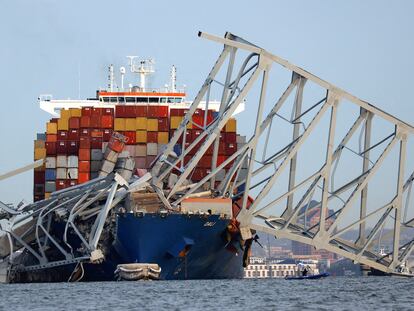 A view of the Dali cargo vessel which crashed into the Francis Scott Key Bridge causing it to collapse in Baltimore, Maryland, U.S., March 26, 2024.  REUTERS/Julia Nikhinson     TPX IMAGES OF THE DAY     