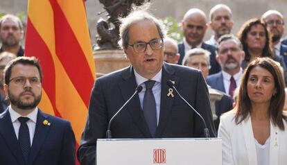 Quim Torra durante su discurso en el acto de conmemoración del 1 de octubre en el Pati dels Tarongers del Palau de la Generalitat.