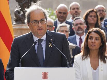 Quim Torra durante su discurso en el acto de conmemoración del 1 de octubre en el Pati dels Tarongers del Palau de la Generalitat.