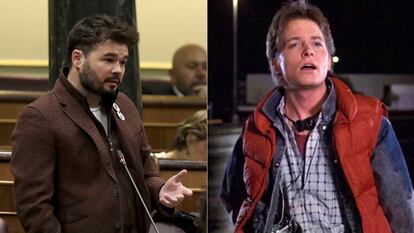 Gabriel Rufián, a la izquierda y Marty McFly, a la derecha.