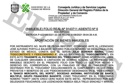 Inscripción del Registro Público que muestra que la casa de Alcázar de Toledo se transfirió al fideicomiso hasta julio de 2021.