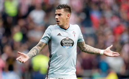 Santi Mina, en el partido del Celta contra el Atlético en el Wanda.