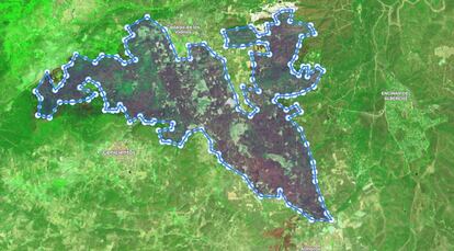 Imagen del incendio de Toledo y Madrid captada por el satélite Sentinel 2.