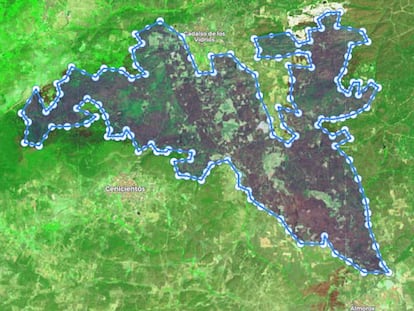 Imagen del incendio de Toledo y Madrid captada por el satélite Sentinel 2.