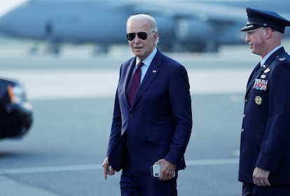 U.S. President Joe Biden walks on the tarmac after arriving at Dover Air Force Base, in Dover, Delaware, U.S. July 28, 2023.