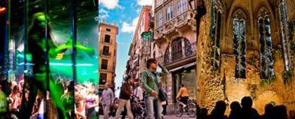 De izquierda a derecha, interior de una discoteca en la zona del Arenal; la céntrica calle de Cólon, cerca del Ayuntamiento de Palma, y la capilla de la catedral, con la gran cerámica obra de Miquel Barceló.