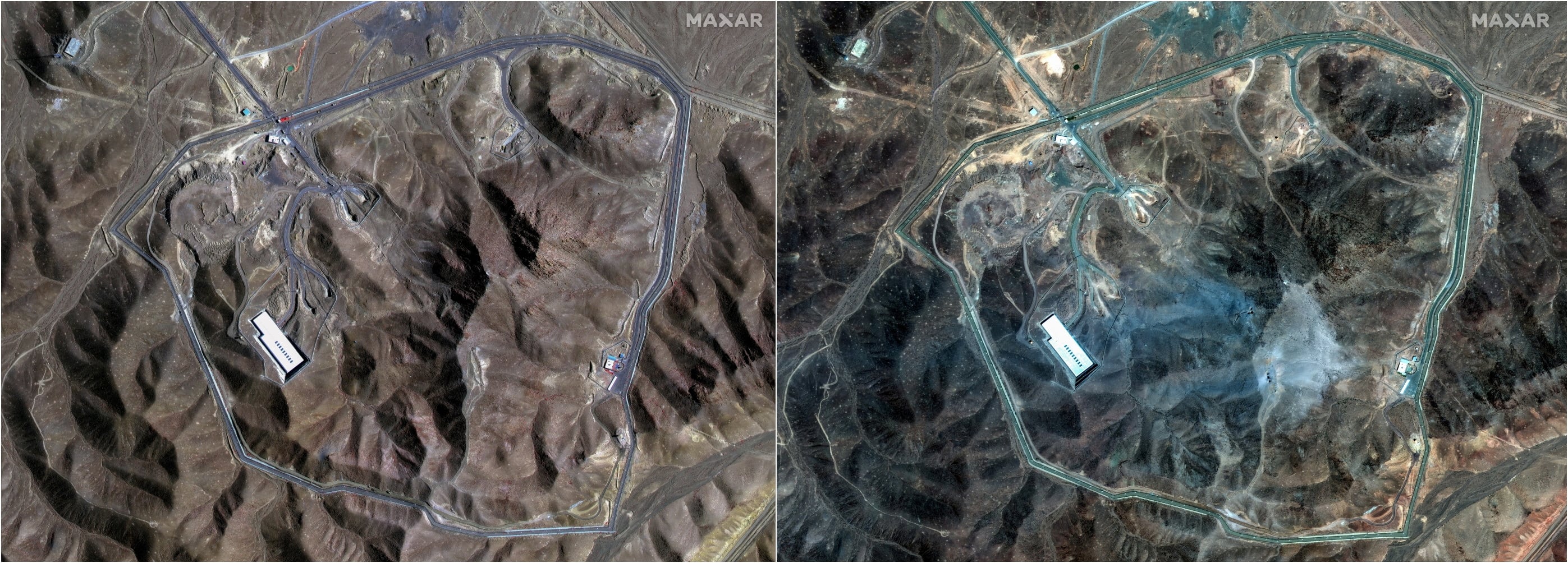 A la izquierda, la instalación nuclear de Fordow, este domingo, tras el ataque estadounidense. A la derecha, una imagen del 20 de junio.