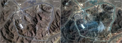 A la izquierda, la instalación nuclear de Fordow, este domingo, tras el ataque estadounidense. A la derecha, una imagen del 20 de junio.