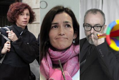 De izquierda a derecha, la directora Iciar Bollain, el jueves, llegando a la Academia de Cine; la ministra de Cultura, Ángeles González-Sinde, anunciando en el Senado el pacto sobre la ley antidescargas, y el presidente de la Academia, Alex de la Iglesia, en el último festival de Venecia.