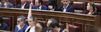 Melisa Rodríguez, portavoz adjunta de Ciudadanos en el Congreso de los Diputados, orienta a los diputados de su partido a elegir "sí" en una de las votaciones presupuestarias.