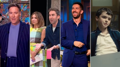 De izquierda a derecha, Carlos Latre, presentador de 'Babylon Show', María Patiño y Aitor Albizua, presentadores de 'La familia de la Tele', David Broncano, presentador de 'La Revuelta' y Owen Cooper, protagonista de la serie 'Adolescencia'.