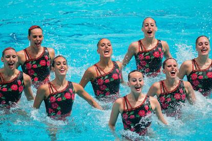 El equipo espa&ntilde;ol de nataci&oacute;n sincronizada durante el preol&iacute;mpico de R&iacute;o.
 