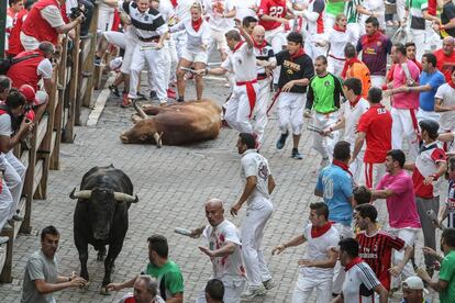 Uno de los toros caídos en la entrada al callejón.