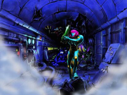 Arte conceptual de 'Metroid fusion', uno de los capítulos más célebres de la saga para la consola Game Boy Advance.