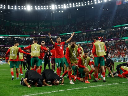 Marruecos celebra la victoria en los penaltis frente a España.