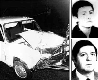 A la izquierda, el coche en el que viajaba Ramón Baglietto Martínez cuando fue asesinado por el etarra Kandido Azpiazu el 12 de mayo de 1980. A la derecha, Azpiazu (arriba) y Baglietto (abajo).