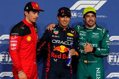 From left: Ferrari driver Charles Leclerc of Monaco, Red Bull driver Sergio Perez of Mexico and Aston Martin driver Fernando Alonso of Spain pose for a photo after the qualifying session ahead of the Formula One Grand Prix at the Jeddah corniche circuit in Jeddah, Saudi Arabia, Saturday, March 18, 2023.