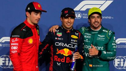 From left: Ferrari driver Charles Leclerc of Monaco, Red Bull driver Sergio Perez of Mexico and Aston Martin driver Fernando Alonso of Spain pose for a photo after the qualifying session ahead of the Formula One Grand Prix at the Jeddah corniche circuit in Jeddah, Saudi Arabia, Saturday, March 18, 2023.