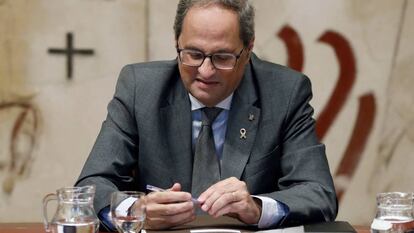 El presidente de la Generalitat, Quim Torra, durante la reunión semanal del Govern, el pasado martes.