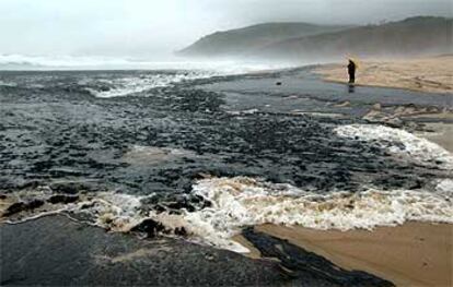 Una persona observa la llegada de la marea negra a una playa de Finisterre.