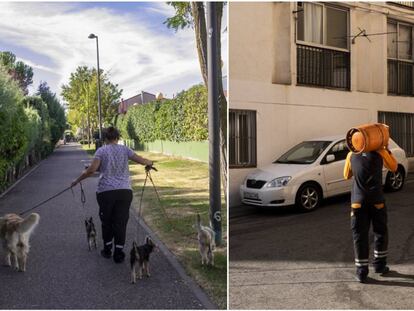 A la izquierda, una vecina pasea perros por el sector III de Getafe; a la derecha, un butanero de ronda por el barrio de Los Elementos de Pozuelo de Alarcón.