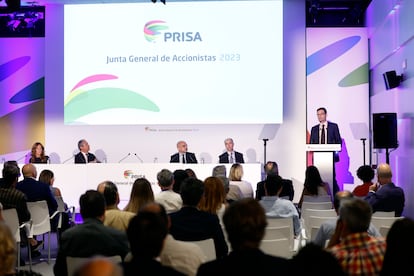 Joseph Oughourlian, durante su intervención en la Junta General de Accionistas de PRISA, celebrada este martes, en Madrid.