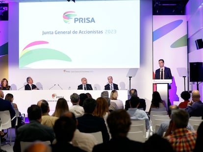 Joseph Oughourlian, durante su intervención en la Junta General de Accionistas de PRISA, celebrada este martes, en Madrid.