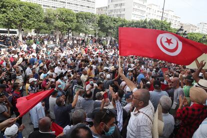 Manifestação contra o presidente da Tunísia, Kaïs Saied, realizada no sábado, 18 de setembro, na capital do país.