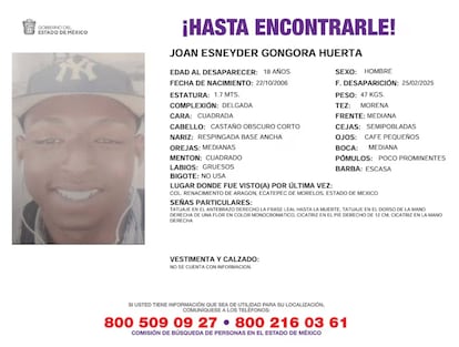 Ficha de búsqueda de Joan Esneyder Góngora Huerta, migrante colombiano desaparecido en México en el pasado mes de febrero.